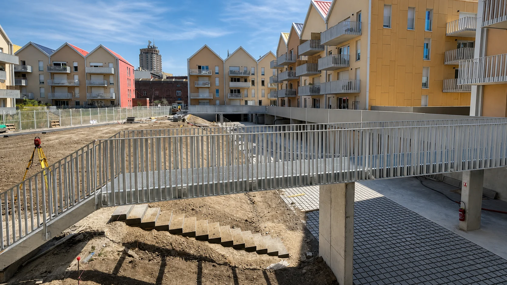 Vue d’ensemble des passerelles en acier thermolaqué du chantier DOCK 28 à Dunkerque
